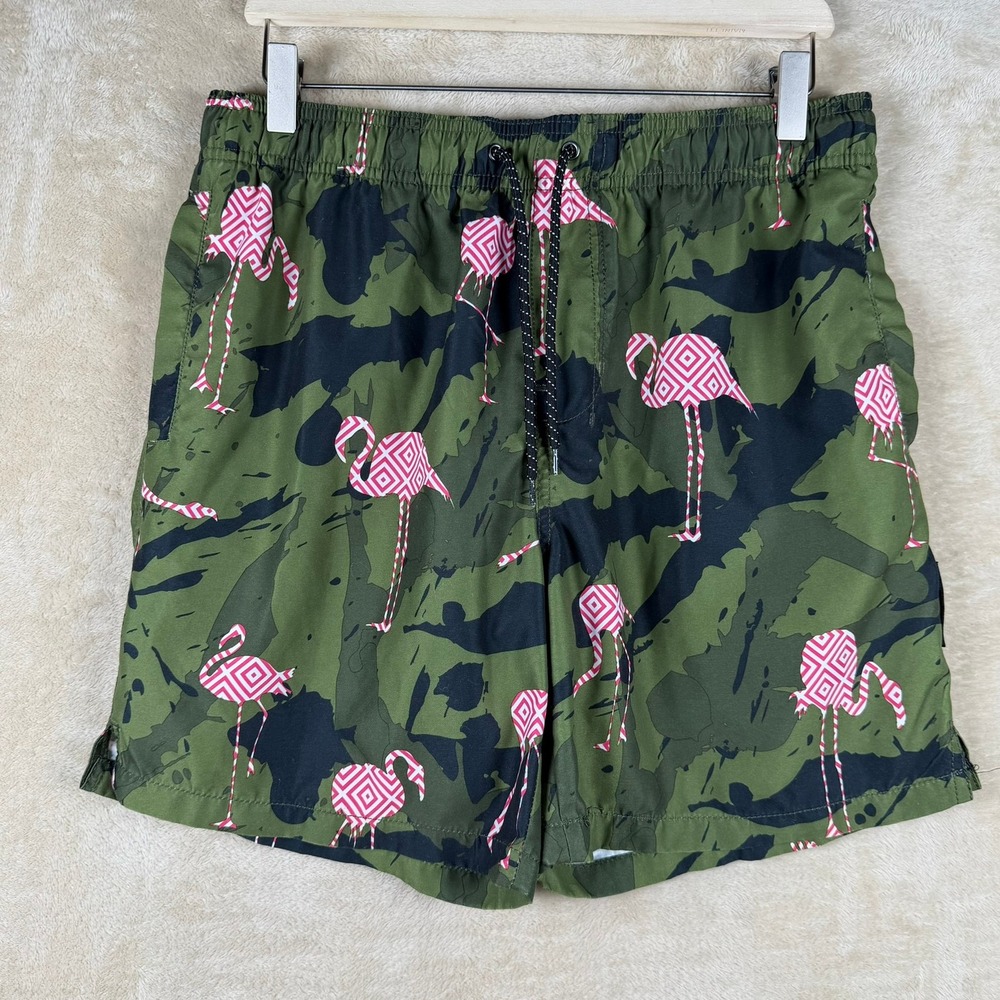 Nitrous Black Mens Camo Flamingo‎ Swim Trunks Green Pink Medium Beachwear Summer